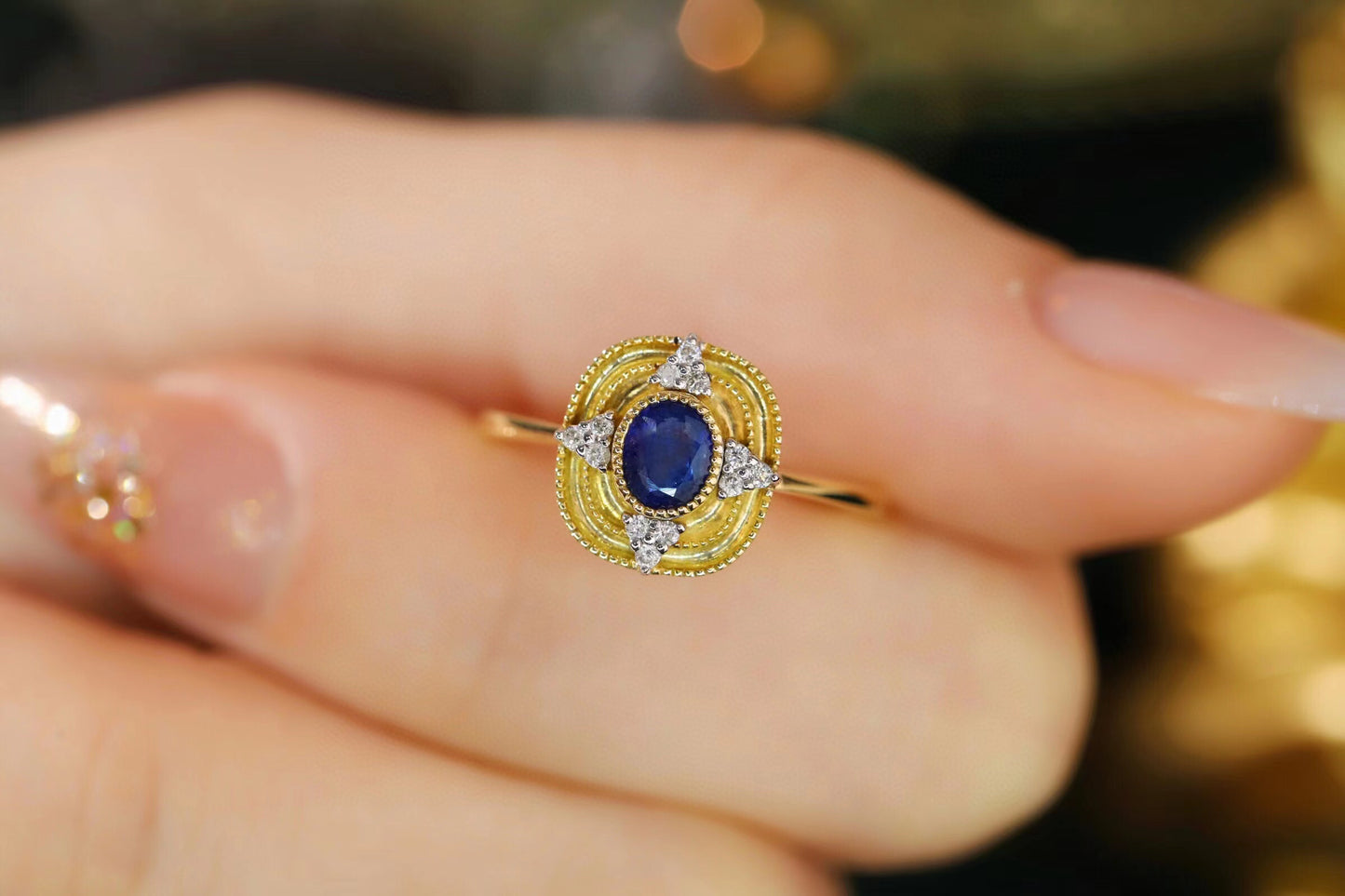 Art Deco Gold Sapphire Ring, 18K Solid Gold Sapphire Diamond Ring