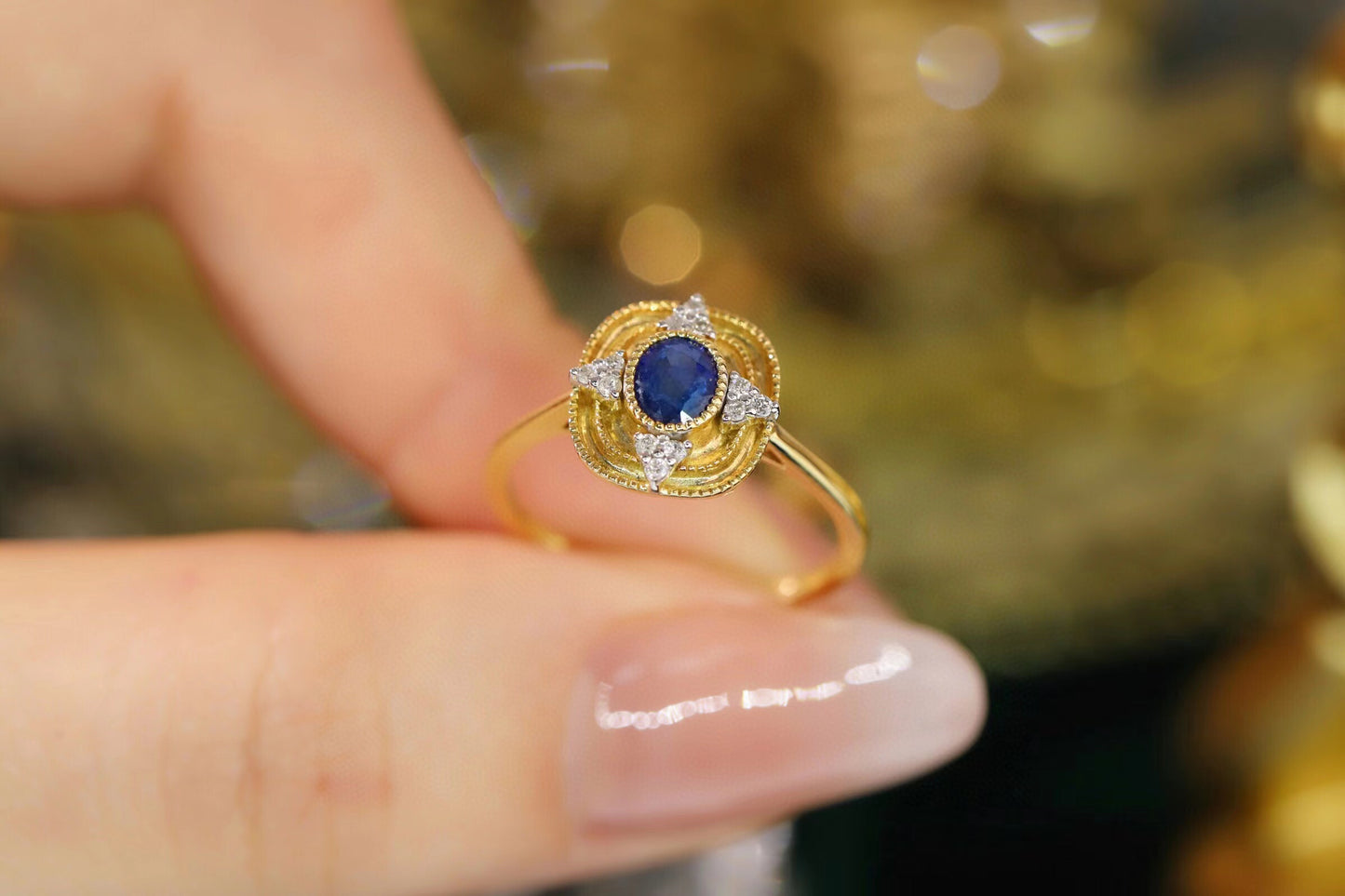 Art Deco Gold Sapphire Ring, 18K Solid Gold Sapphire Diamond Ring