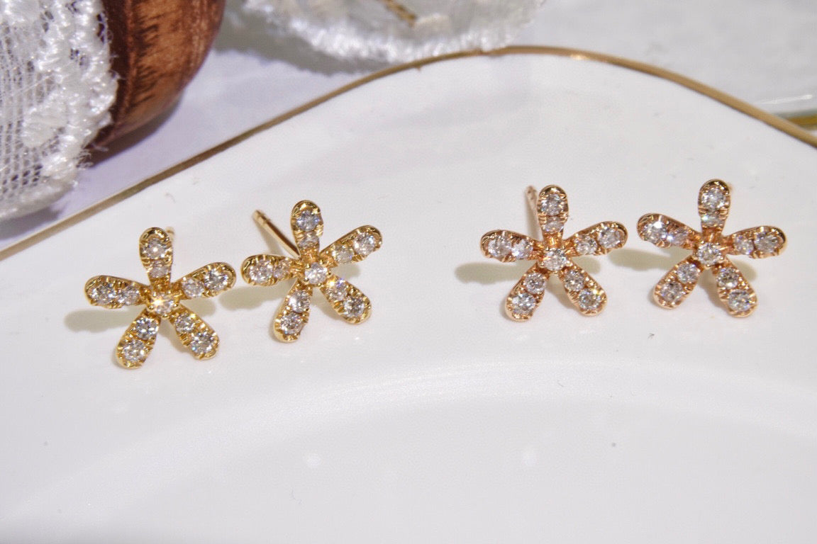 Lovely Flower Stud Earrings, 18K Solid Gold Diamond Flower Stud Earrings