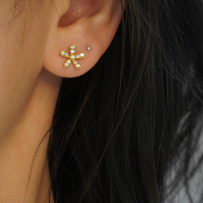 Lovely Flower Stud Earrings, 18K Solid Gold Diamond Flower Stud Earrings