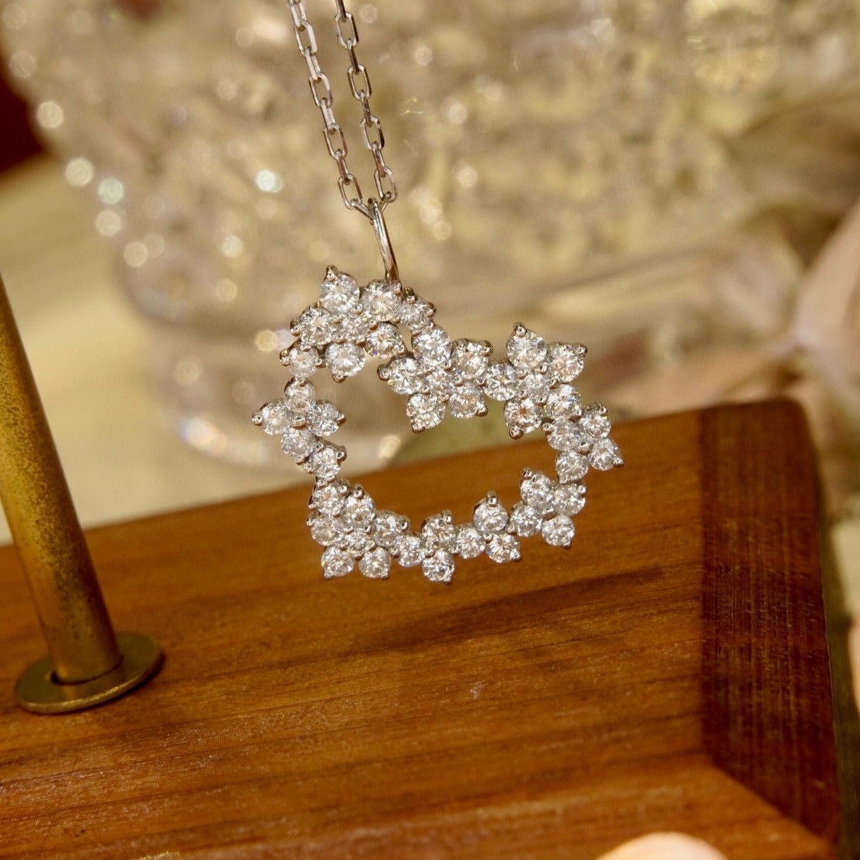 Sweet Flower Heart Diamond Necklace, 18K Solid Gold Full Diamond Heart Pendant Necklace