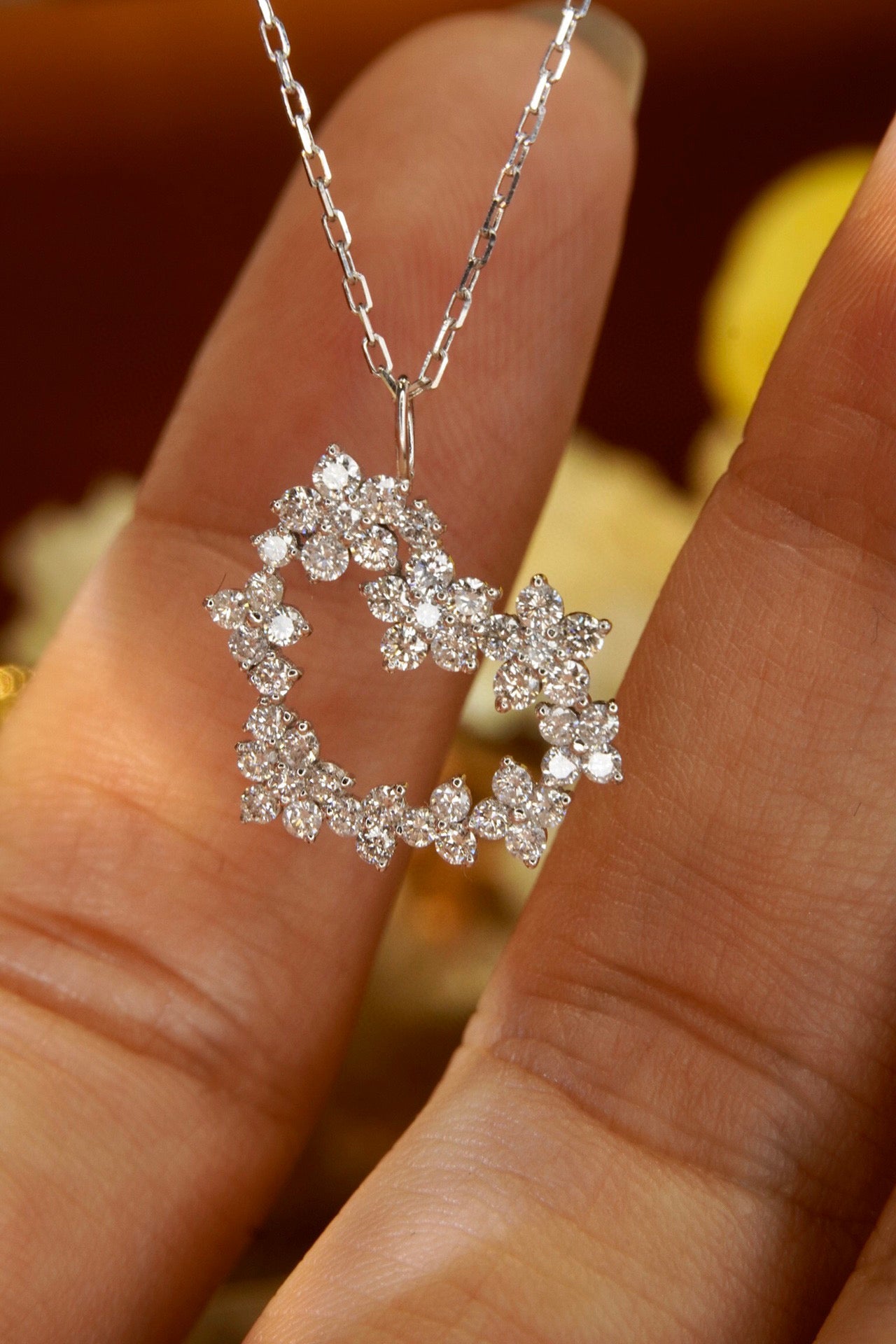 Sweet Flower Heart Diamond Necklace, 18K Solid Gold Full Diamond Heart Pendant Necklace