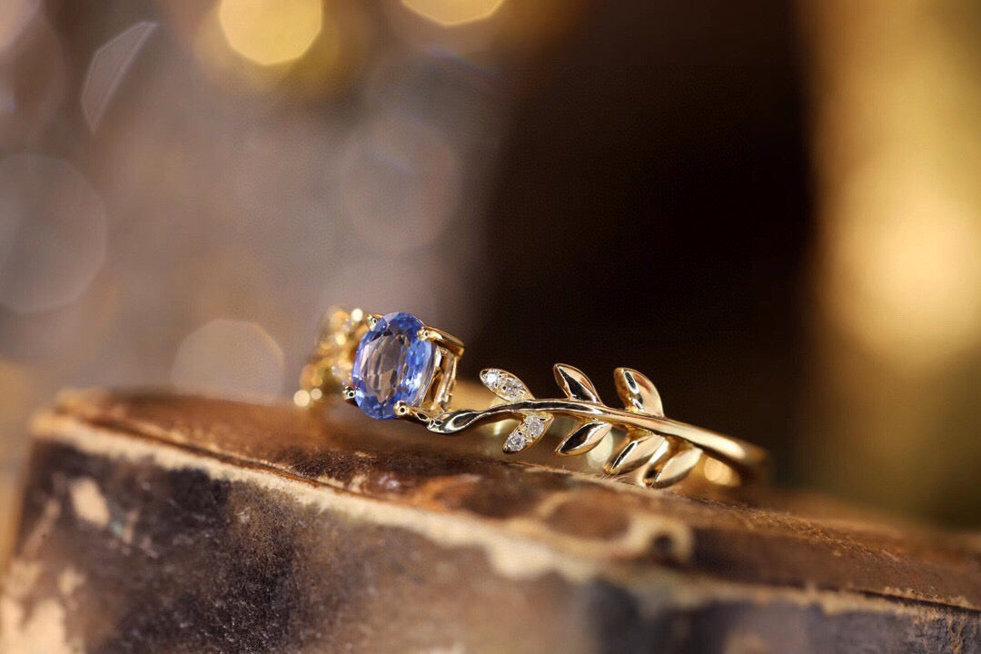 Dainty Leaf Gold Sapphire Ring, 18K Solid Gold Natural Sapphire Diamond Ring