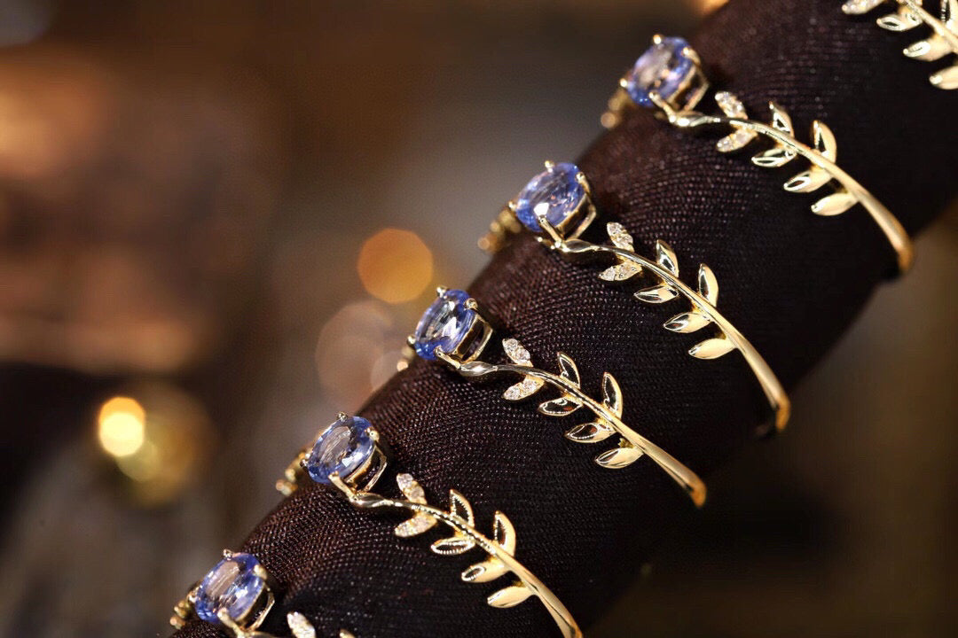 Dainty Leaf Gold Sapphire Ring, 18K Solid Gold Natural Sapphire Diamond Ring