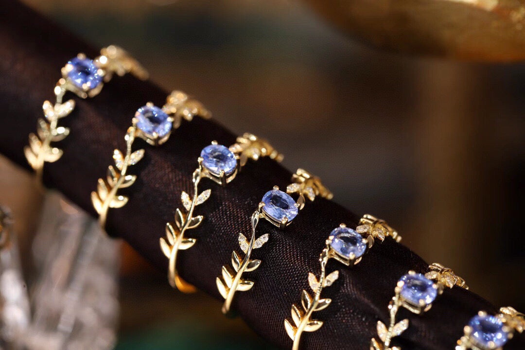 Dainty Leaf Gold Sapphire Ring, 18K Solid Gold Natural Sapphire Diamond Ring