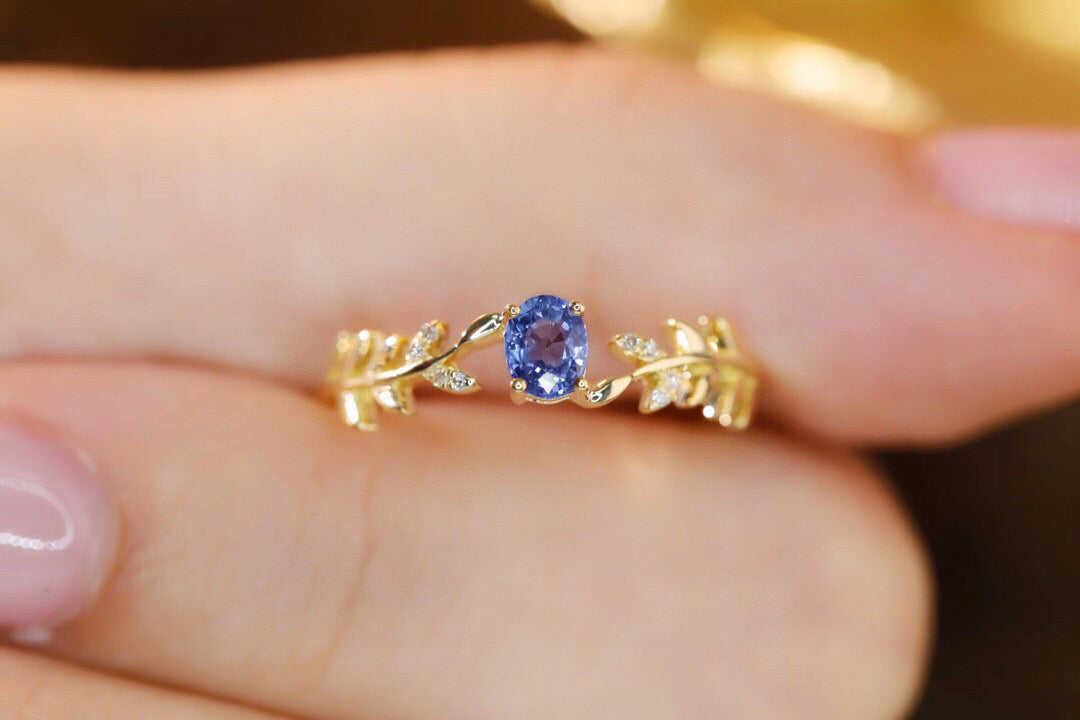 Dainty Leaf Gold Sapphire Ring, 18K Solid Gold Natural Sapphire Diamond Ring