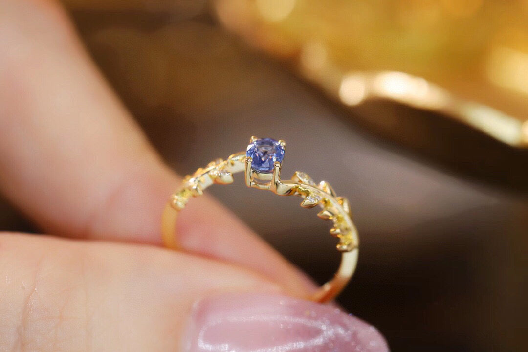 Dainty Leaf Gold Sapphire Ring, 18K Solid Gold Natural Sapphire Diamond Ring