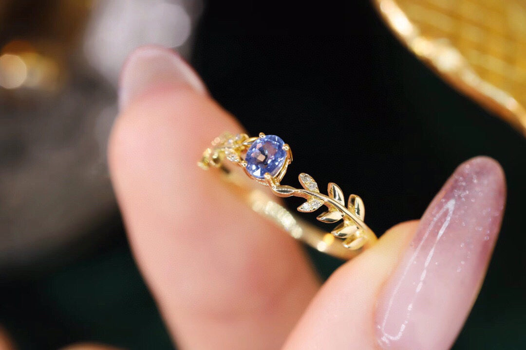 Dainty Leaf Gold Sapphire Ring, 18K Solid Gold Natural Sapphire Diamond Ring