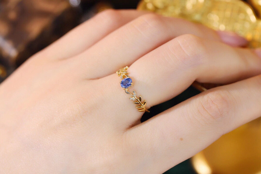 Dainty Leaf Gold Sapphire Ring, 18K Solid Gold Natural Sapphire Diamond Ring