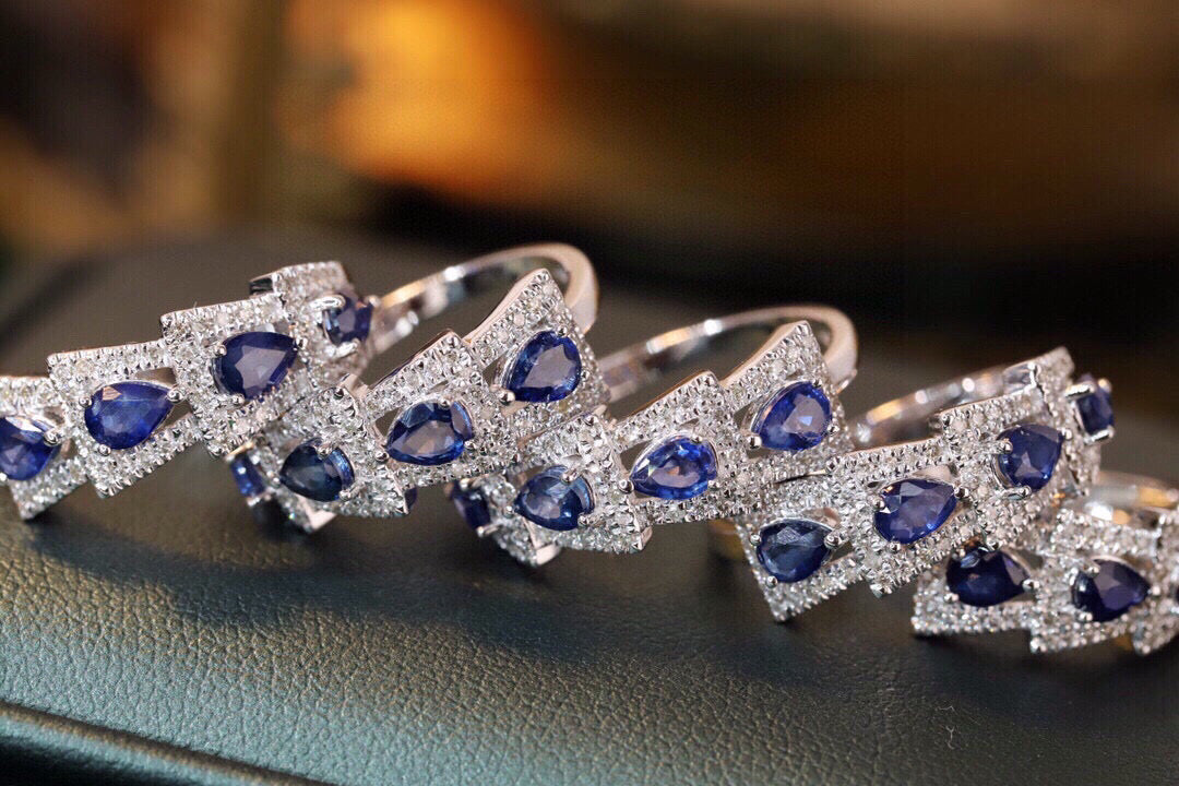 Gold Sapphire Diamond Snake Ring, 18K Solid Gold Natural Sapphire Diamond Band