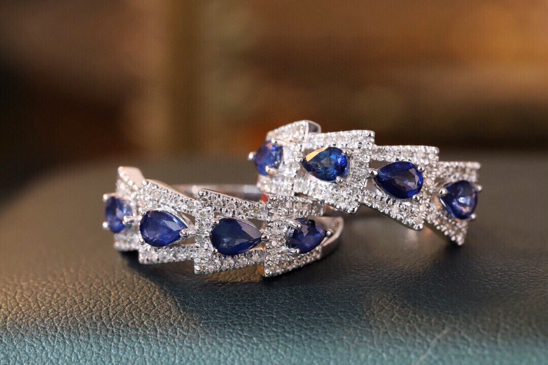 Gold Sapphire Diamond Snake Ring, 18K Solid Gold Natural Sapphire Diamond Band