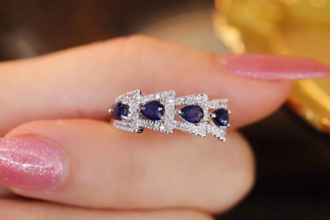 Gold Sapphire Diamond Snake Ring, 18K Solid Gold Natural Sapphire Diamond Band