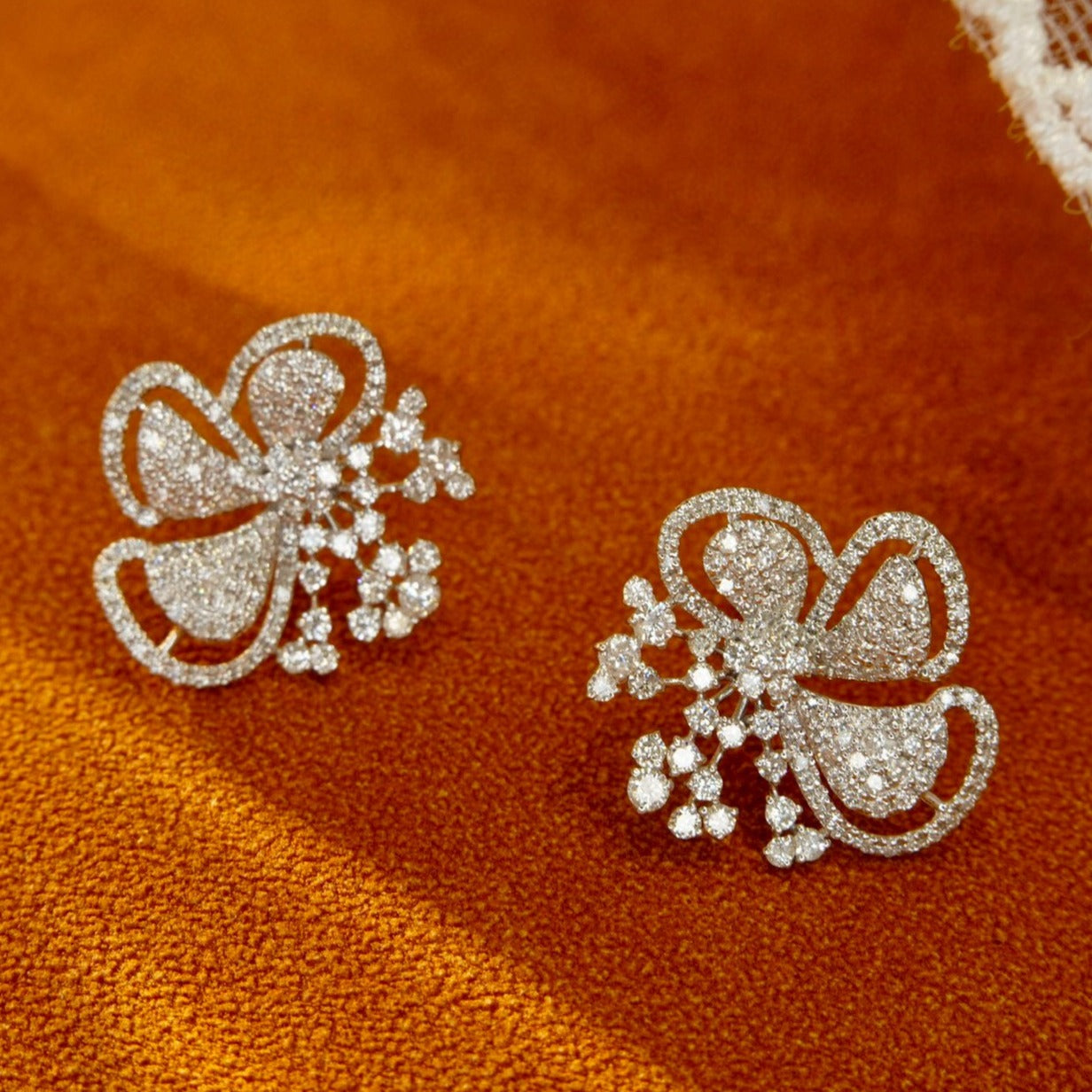 Luxury Flower Diamond Earrings, 18K Solid Gold Full Diamond Stud Earrings