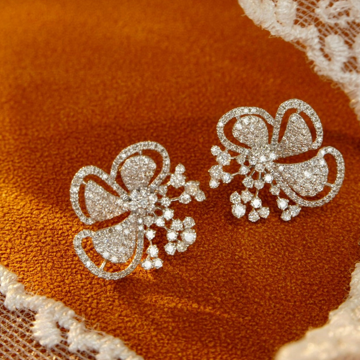 Luxury Flower Diamond Earrings, 18K Solid Gold Full Diamond Stud Earrings