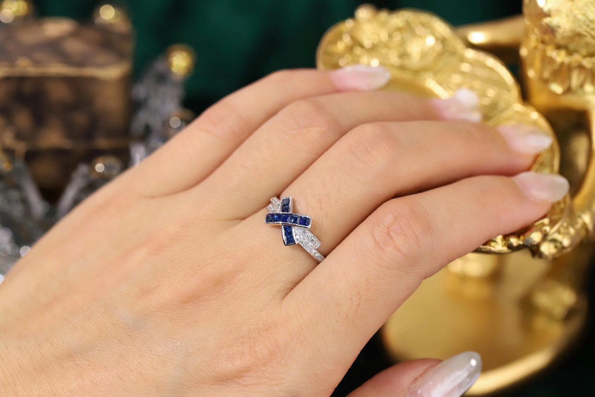 Vintage Gold Sapphire X Ring, 18K Solid Gold Natural Sapphire Diamond Ring