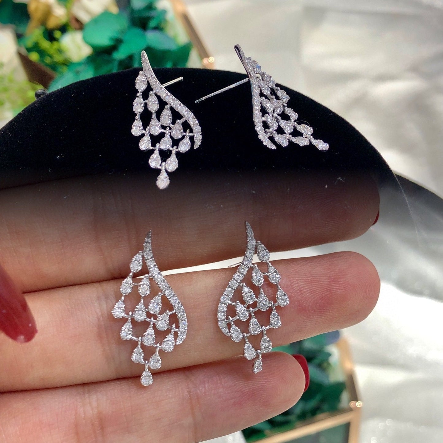 Unique Drop Diamond Earrings, 18K Solid Gold Drop Diamond Stud Earrings