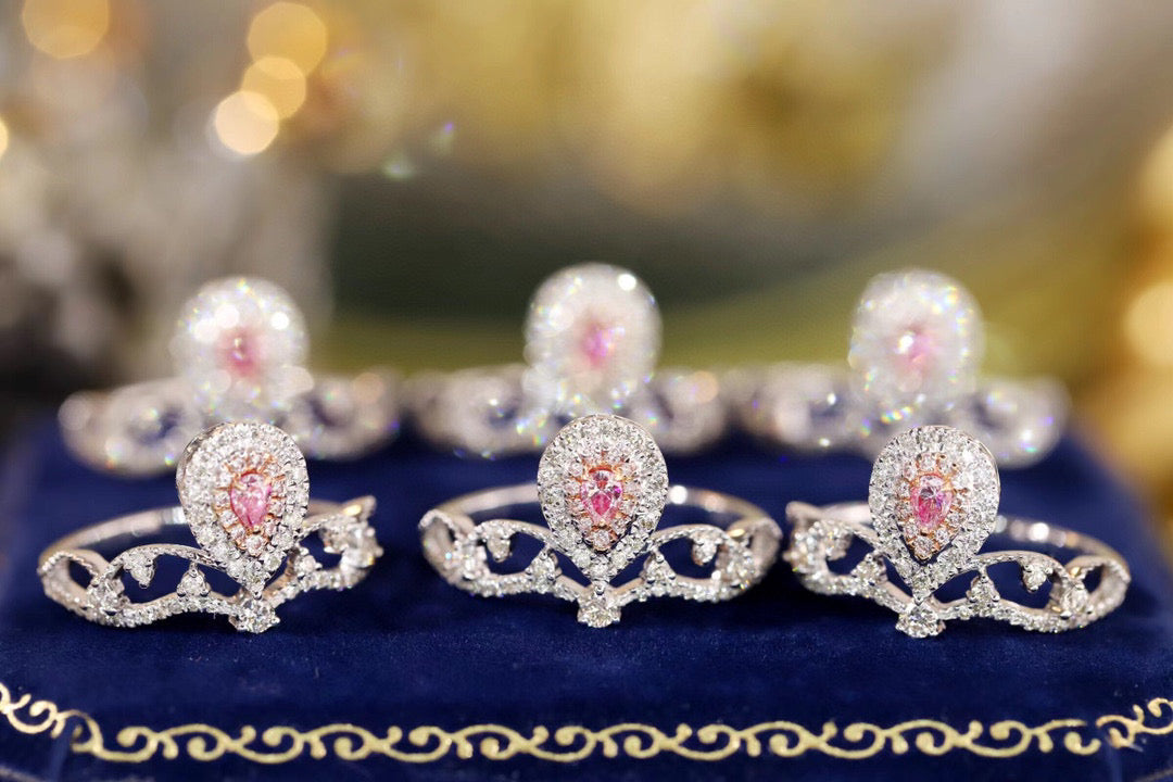 Vintage Crown Pink Diamond Ring, 18K Solid Gold Pink Diamond Ring