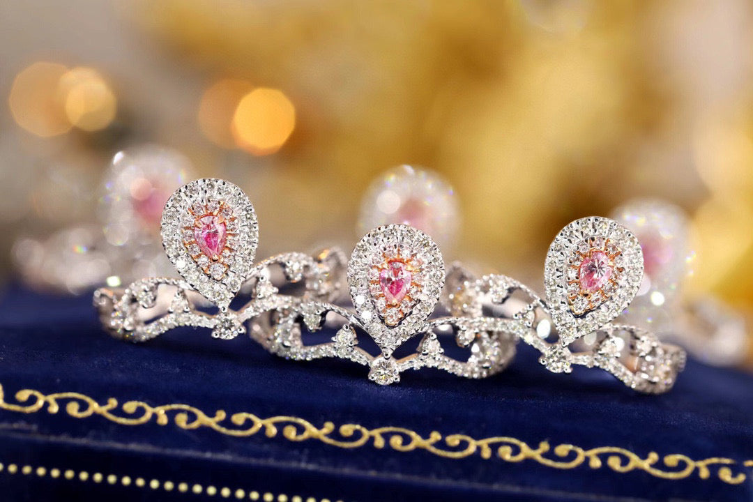 Vintage Crown Pink Diamond Ring, 18K Solid Gold Pink Diamond Ring