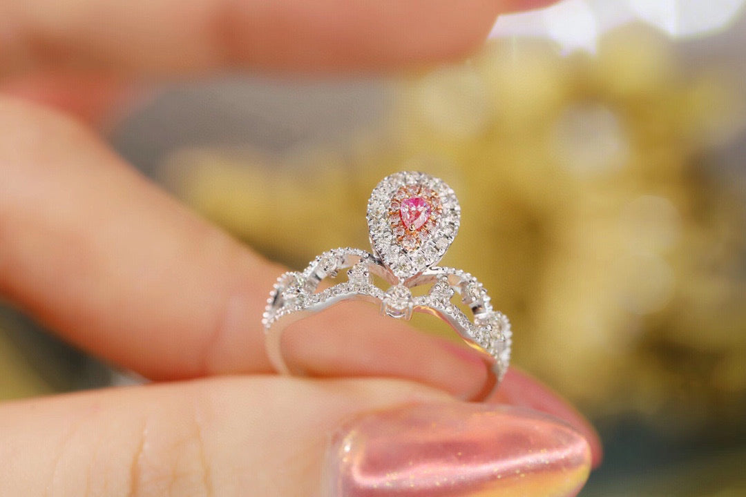 Vintage Crown Pink Diamond Ring, 18K Solid Gold Pink Diamond Ring