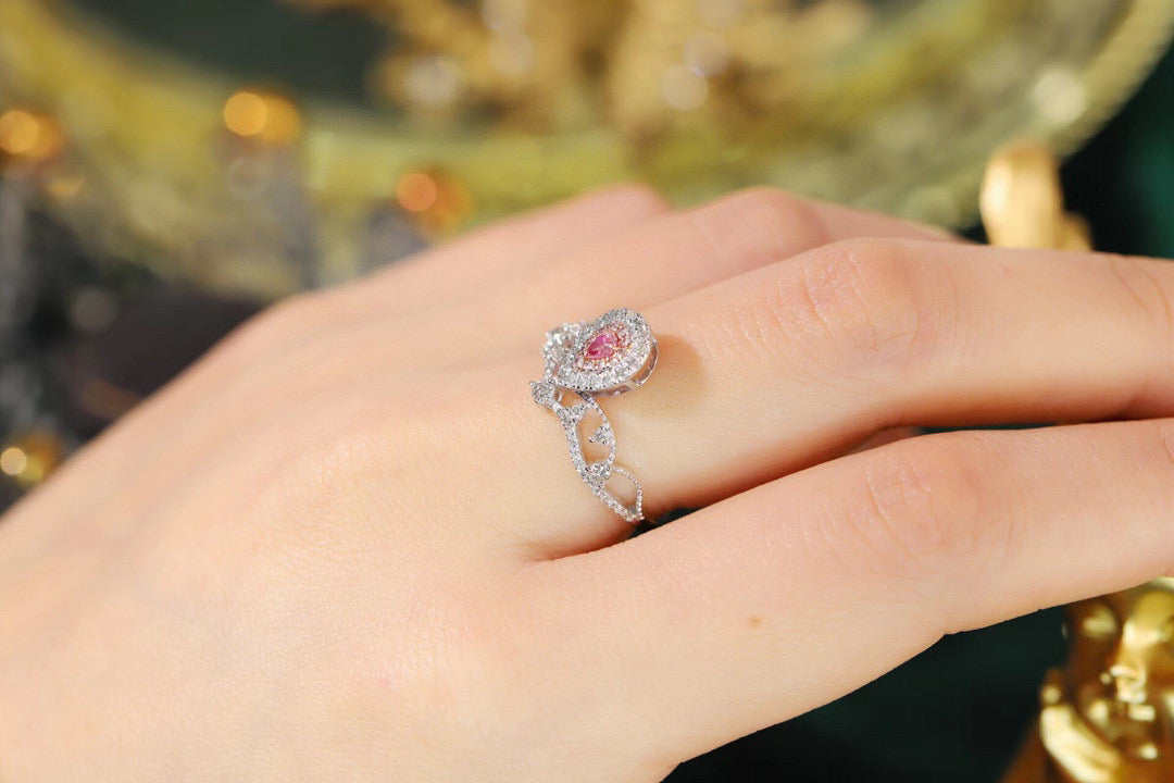Vintage Crown Pink Diamond Ring, 18K Solid Gold Pink Diamond Ring