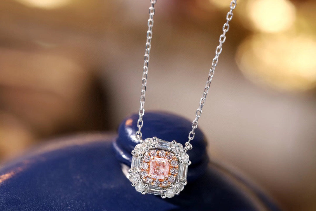 Vintage Pink Diamond Necklace, 18K Solid Gold Pink Diamond Necklace