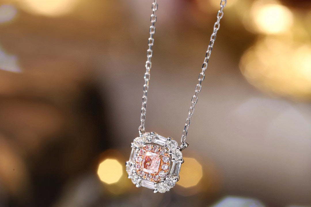 Vintage Pink Diamond Necklace, 18K Solid Gold Pink Diamond Necklace