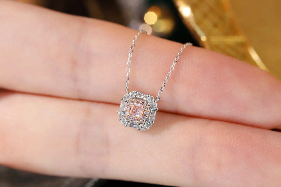 Vintage Pink Diamond Necklace, 18K Solid Gold Pink Diamond Necklace