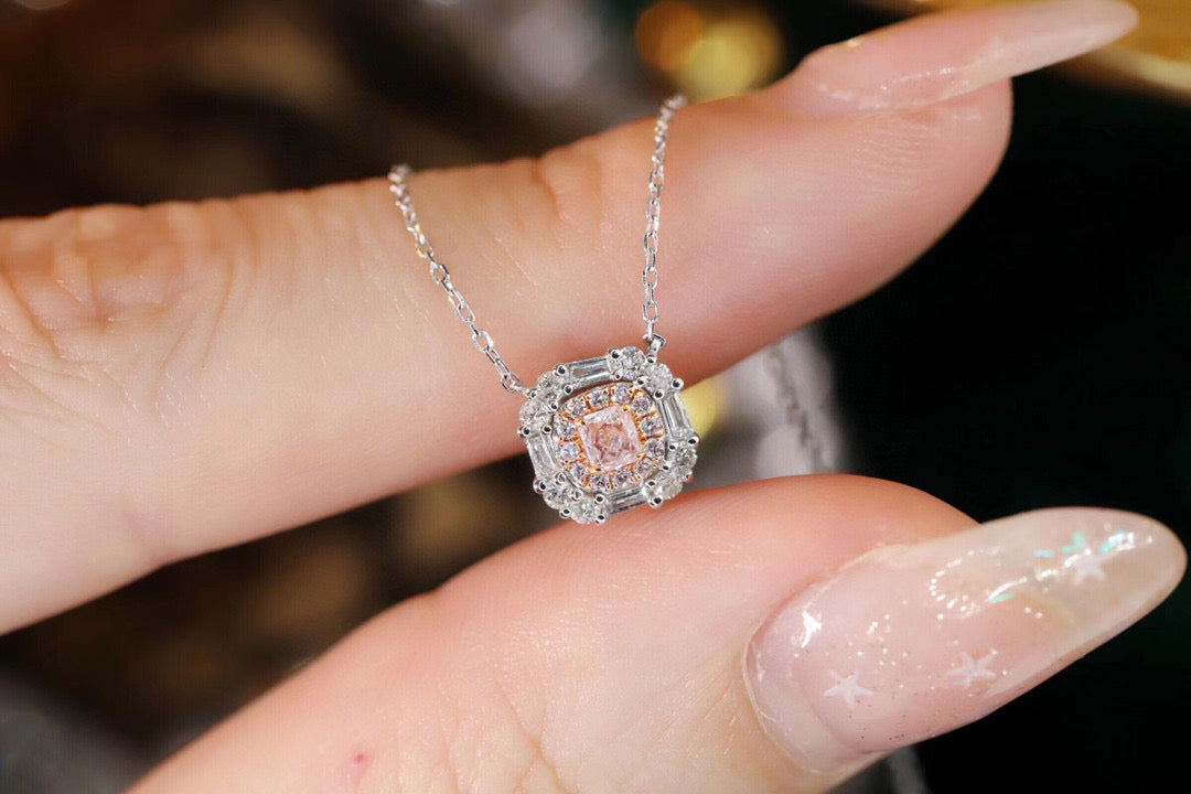 Vintage Pink Diamond Necklace, 18K Solid Gold Pink Diamond Necklace