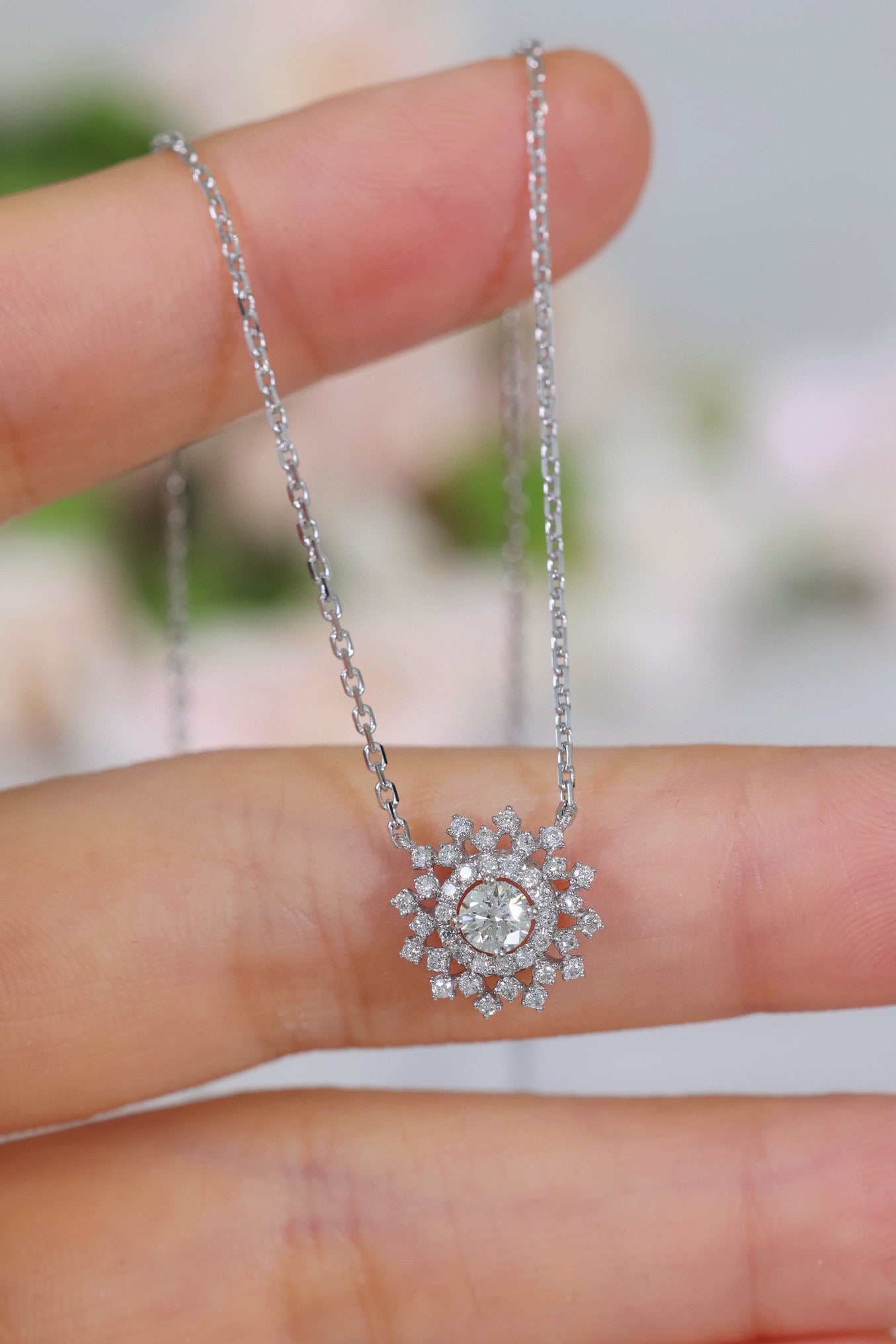 Fancy Snowflake Diamond Necklace,18K Solid Gold Diamond Necklace