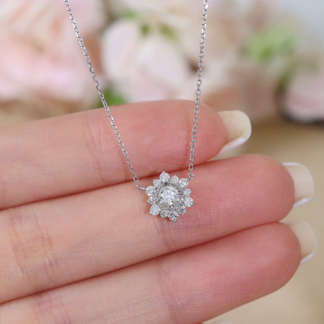 Dainty Snowflake Diamond Necklace, 18K Solid Gold Diamond Flower Necklace