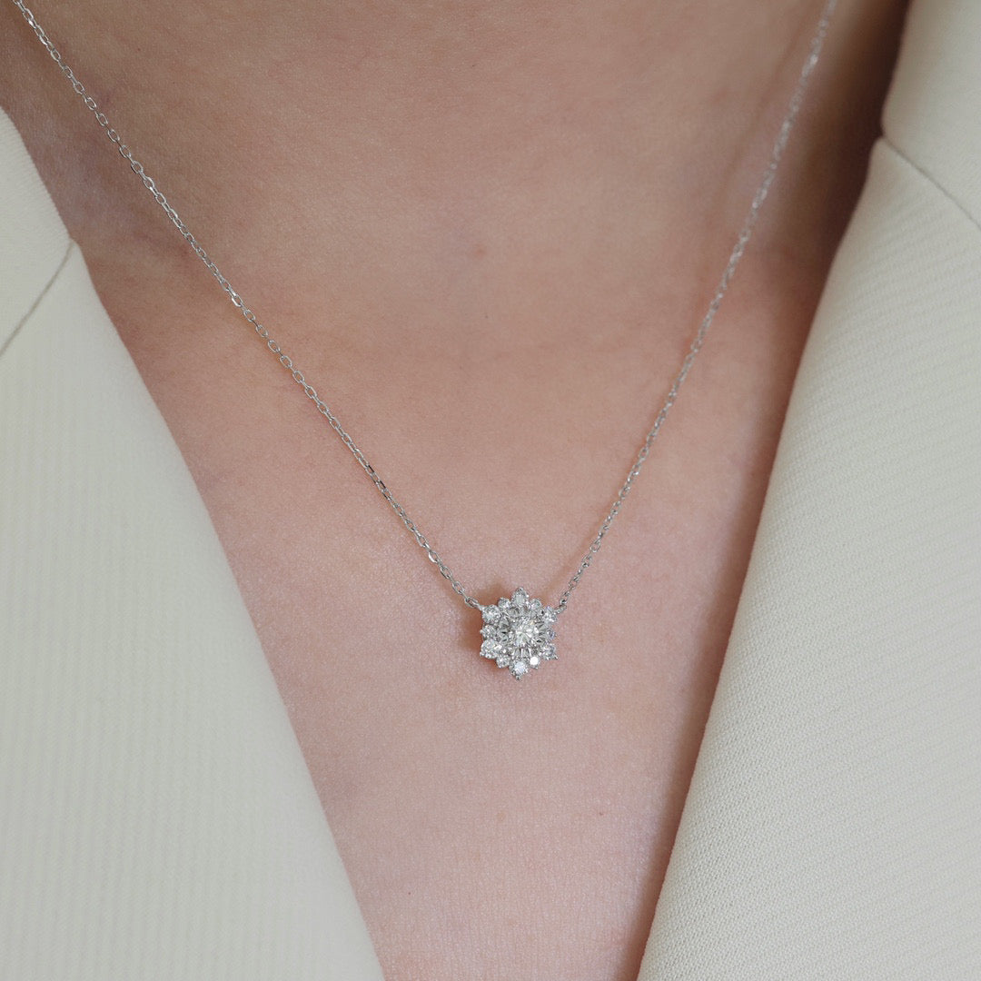 Dainty Snowflake Diamond Necklace, 18K Solid Gold Diamond Flower Necklace