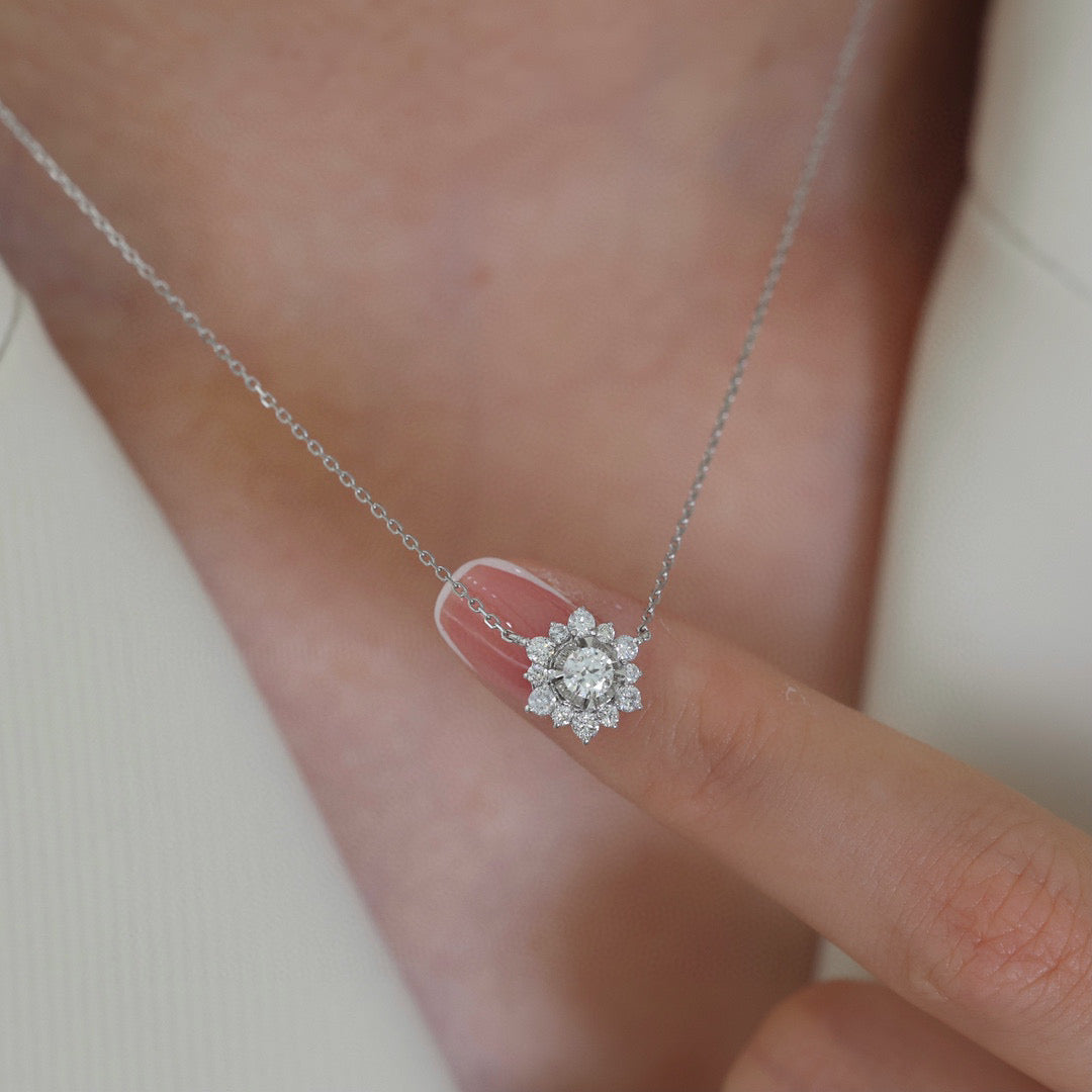 Dainty Snowflake Diamond Necklace, 18K Solid Gold Diamond Flower Necklace