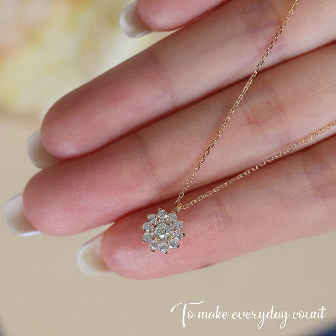 Dainty Sun Flower Diamond Necklace, 18K Solid Gold Diamond Necklace