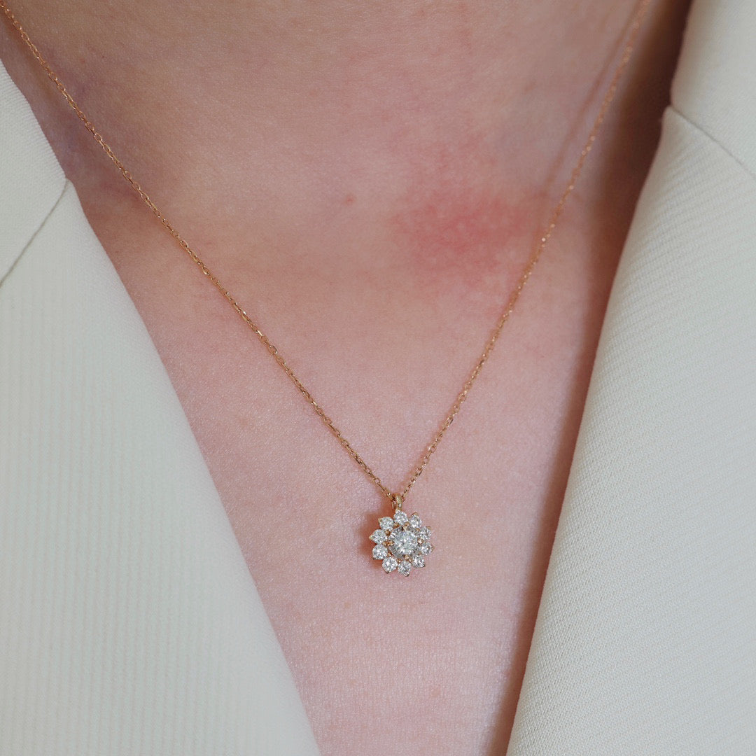 Dainty Sun Flower Diamond Necklace, 18K Solid Gold Diamond Necklace