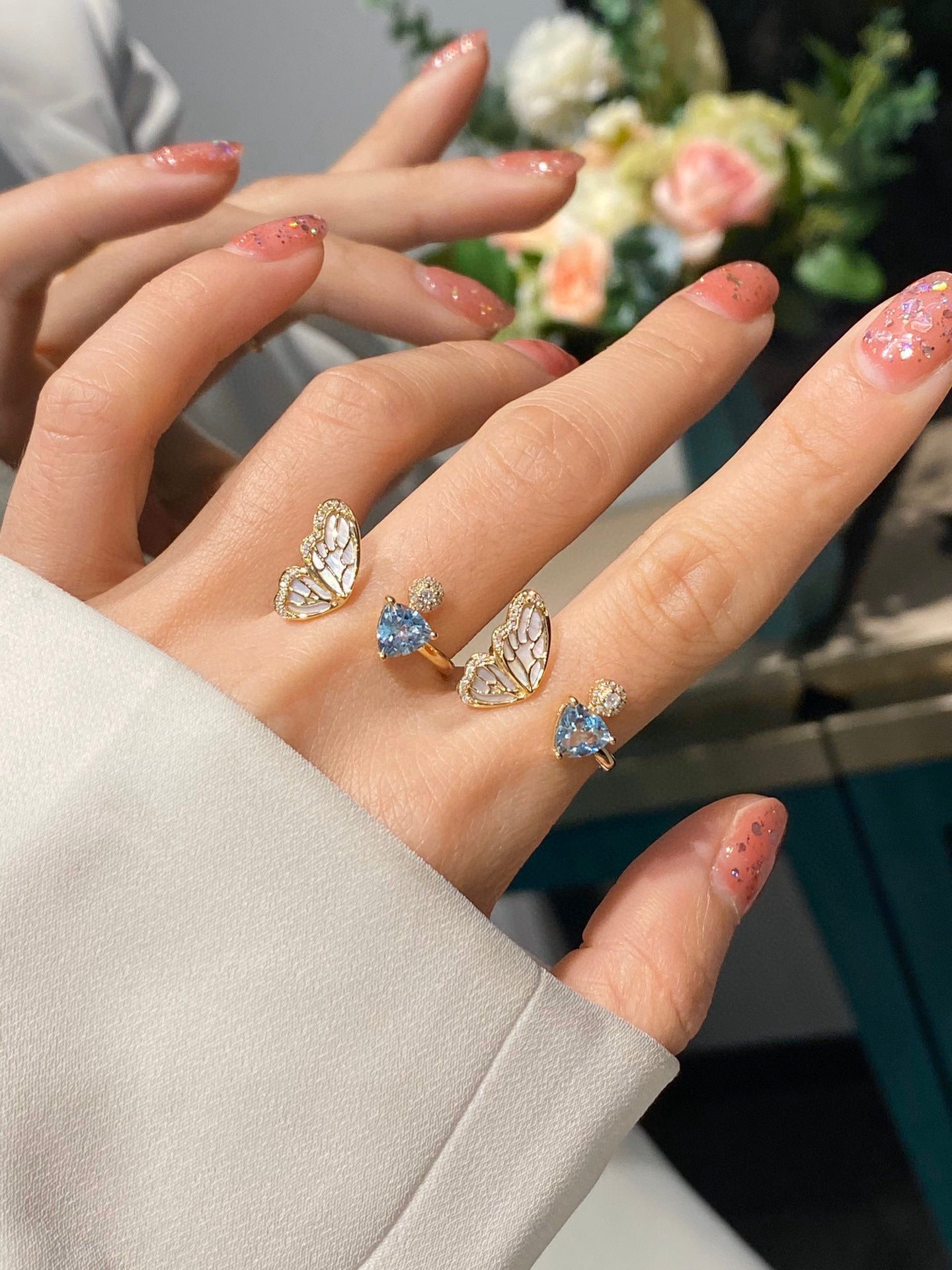 Art Deco Genuine Aquamarine 18K solid gold Diamond Butterfly Ring/Aquamarine Gold Diamond band/Wedding, engagement ring/gift for her