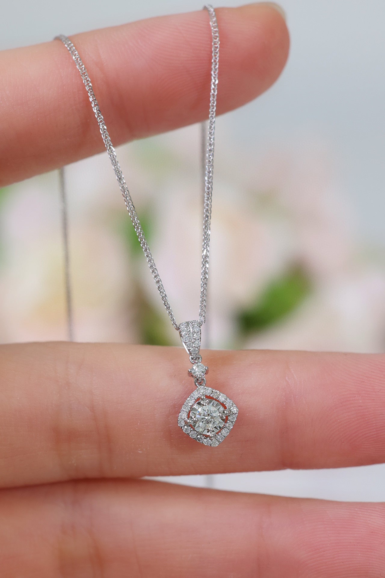 Halo Dainty Diamond Necklace, 18K Solid Gold Diamond Necklace, gift for her