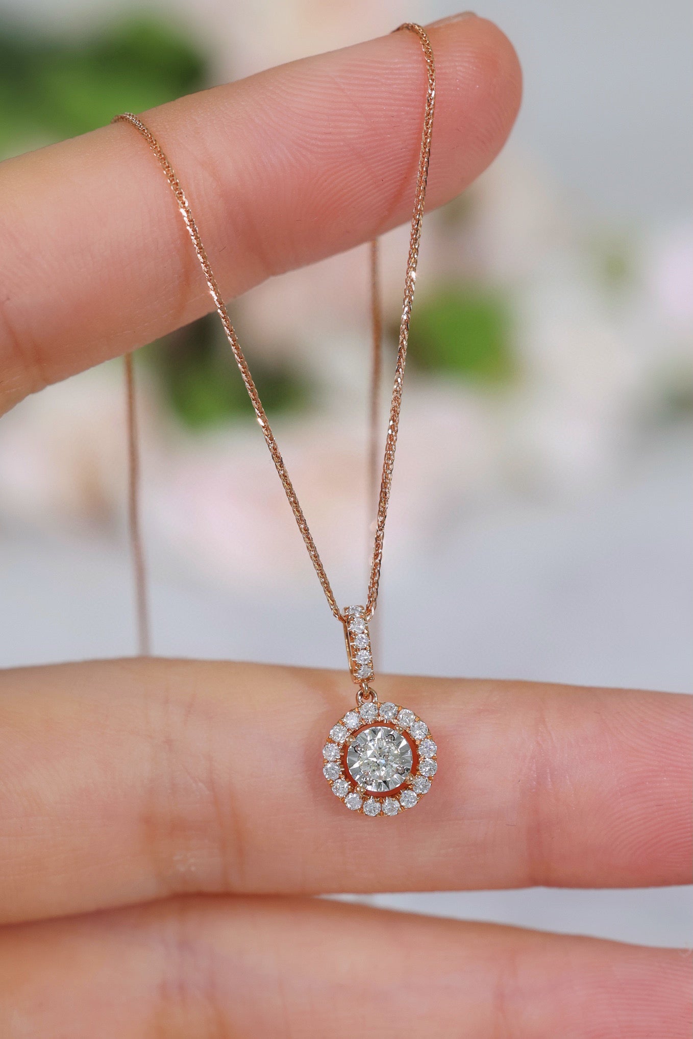 Classic Halo Diamond Necklace, 18K Solid Gold Diamond Necklace