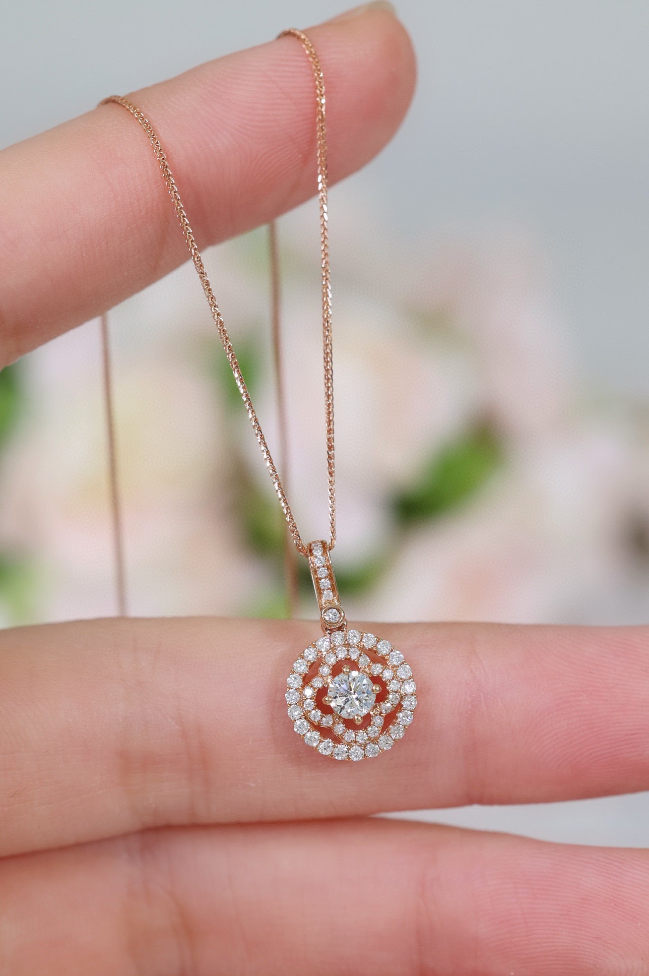 Fancy Clover Halo Diamond Necklace, 18K Solid Gold Diamond Clover Pendant Necklace