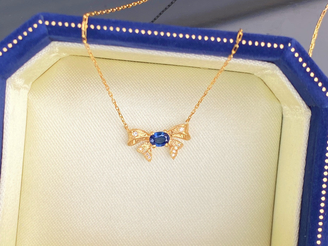 Vintage K Gold Genuine Sapphire Diamond Bow Necklace