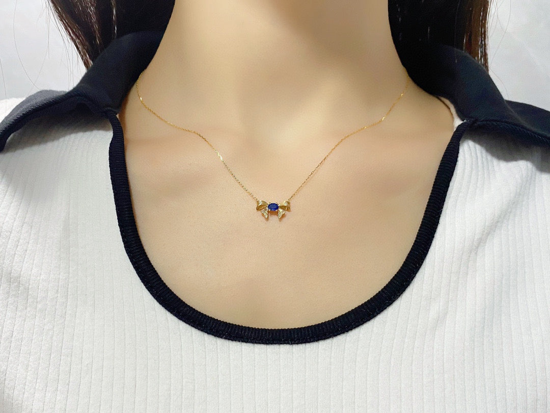 Vintage K Gold Genuine Sapphire Diamond Bow Necklace