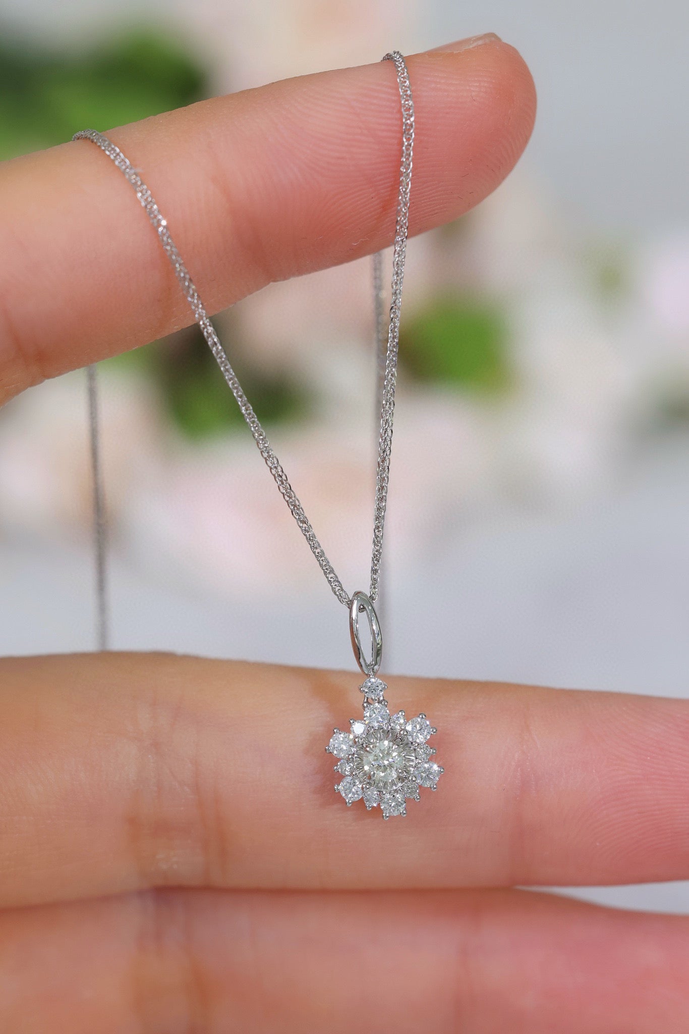 Dainty Flower Diamond Pendant Necklace, 18K Solid Gold Diamond Pendant Necklace