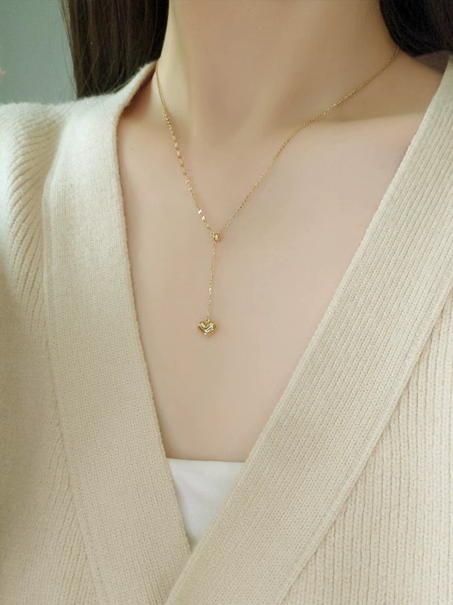 Dangle Heart Adjustable Necklace , 18K Solid Gold Dangle Heart two different Chain Necklace