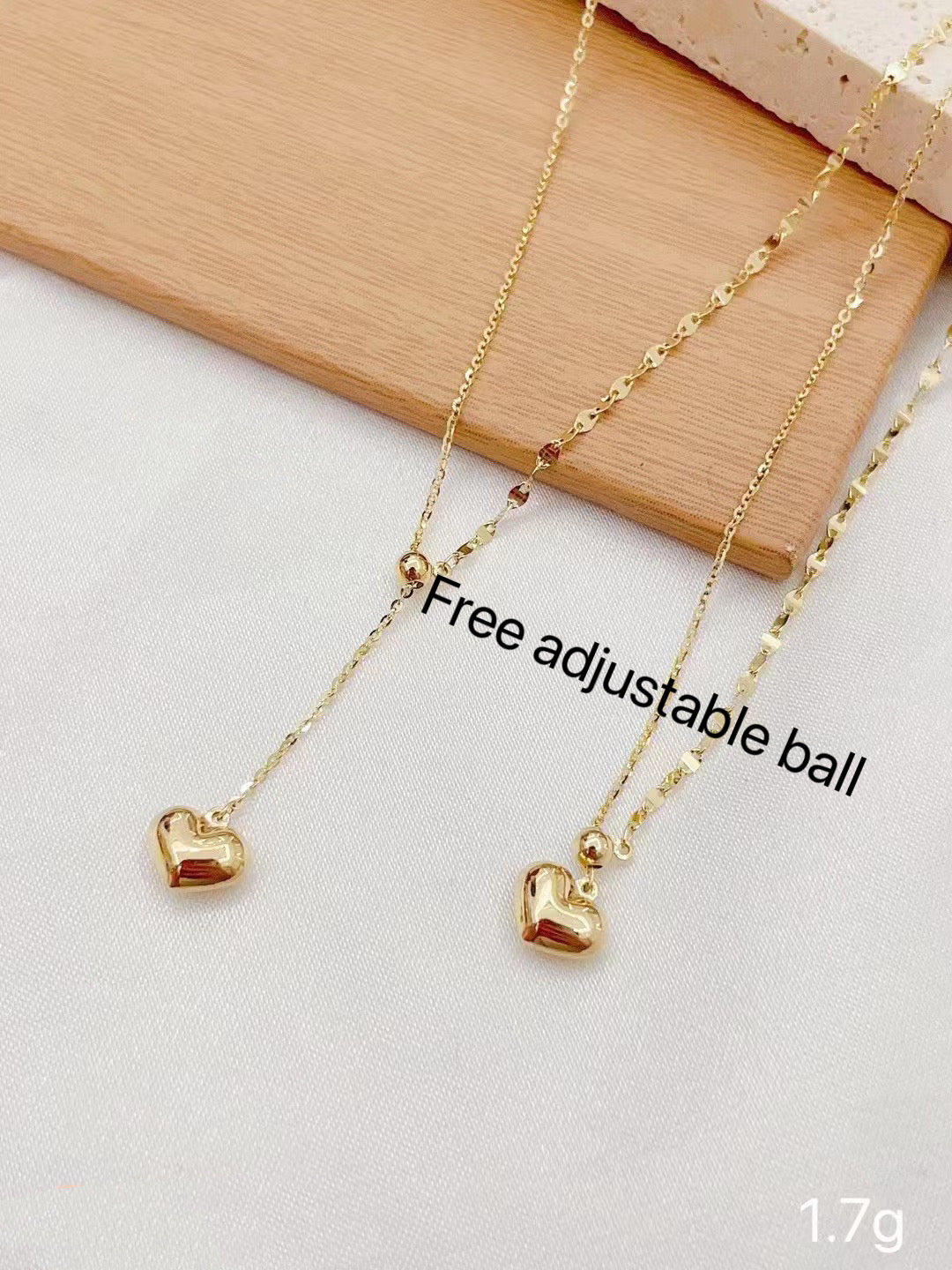 Dangle Heart Adjustable Necklace , 18K Solid Gold Dangle Heart two different Chain Necklace