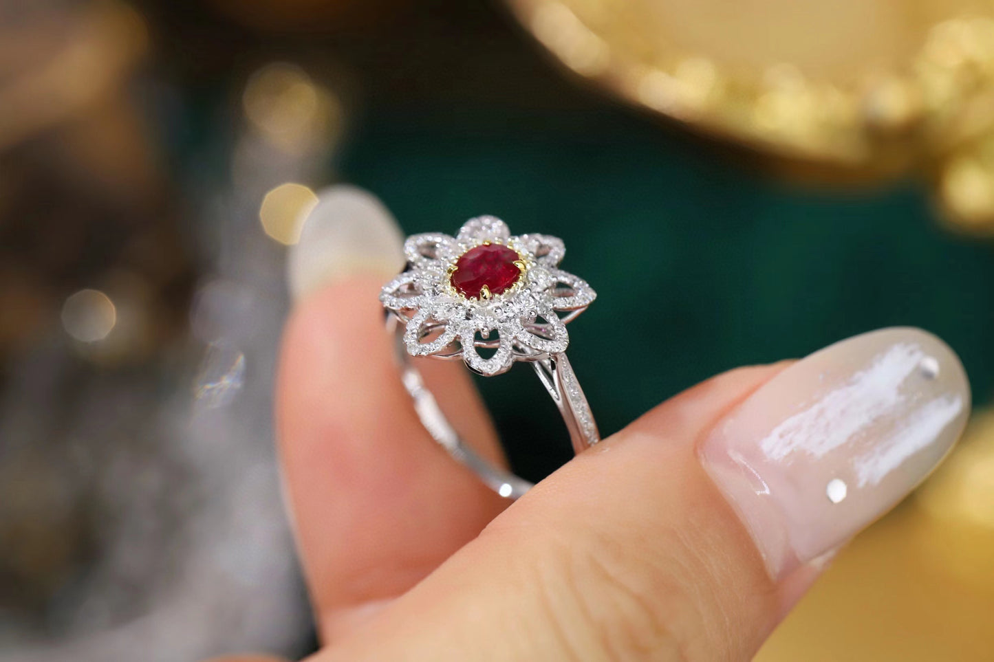 Fancy Ruby Diamond Flower Ring, 18K Solid Ruby Diamond Ring