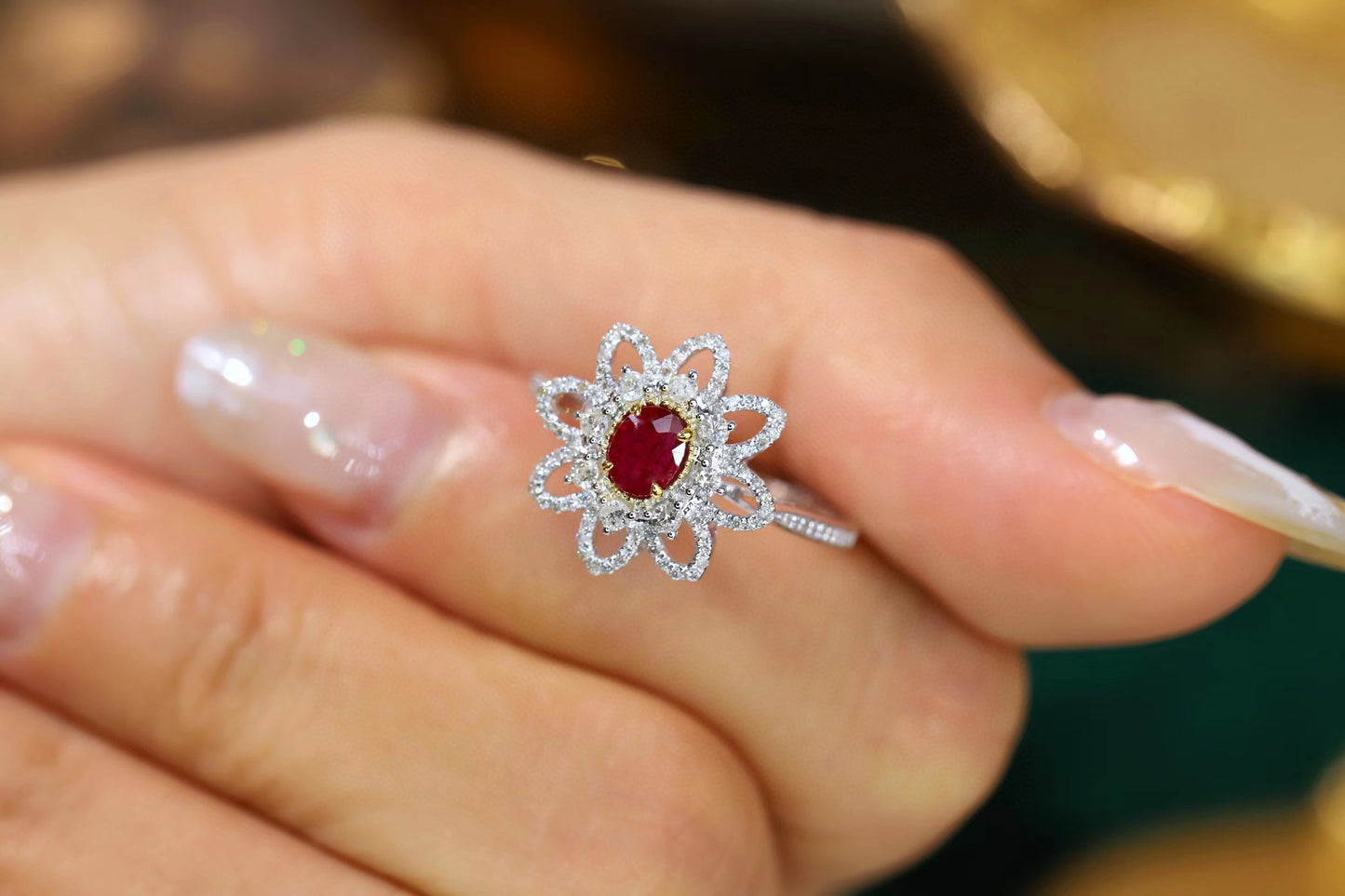 Fancy Ruby Diamond Flower Ring, 18K Solid Ruby Diamond Ring
