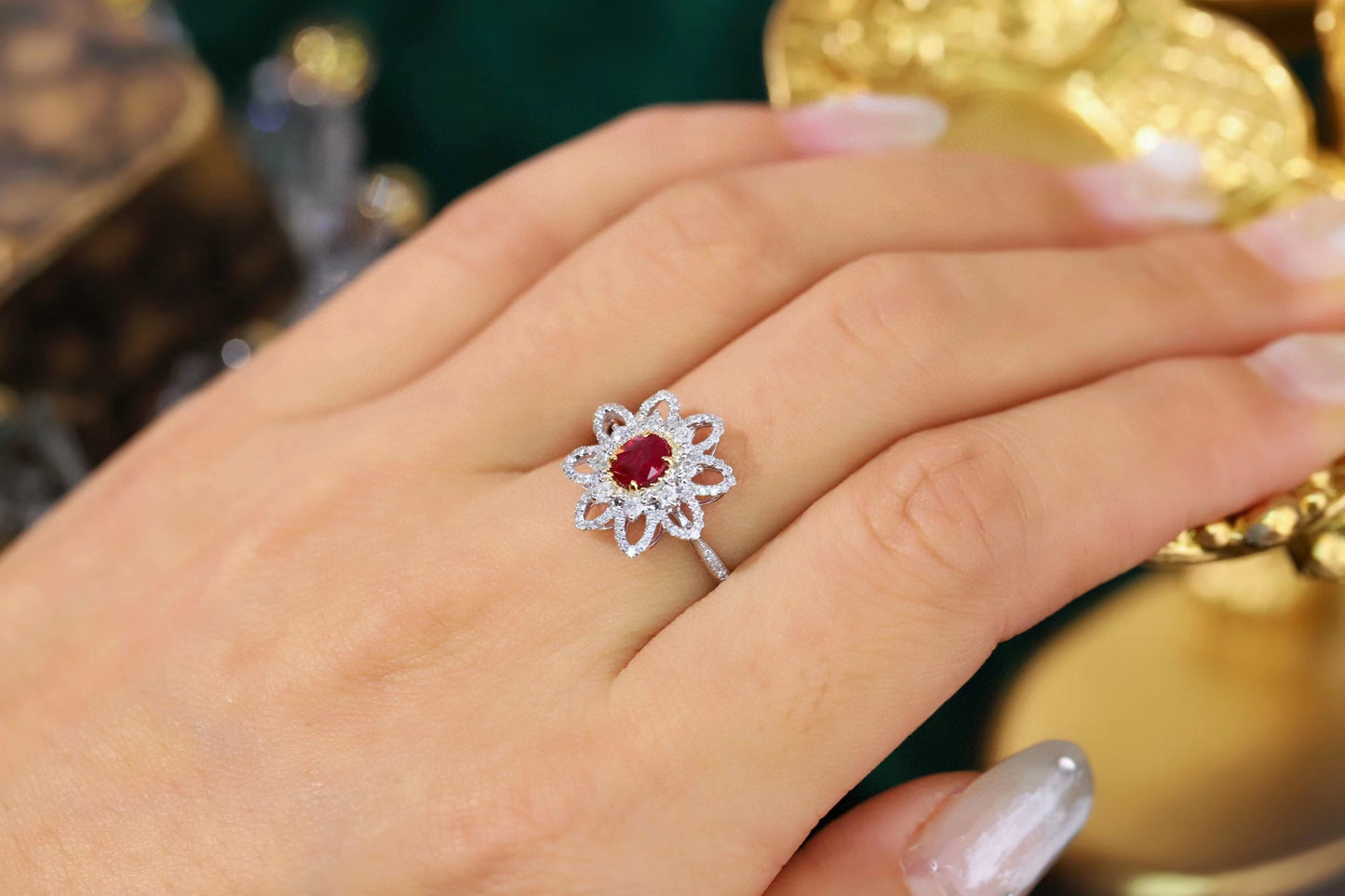Fancy Ruby Diamond Flower Ring, 18K Solid Ruby Diamond Ring