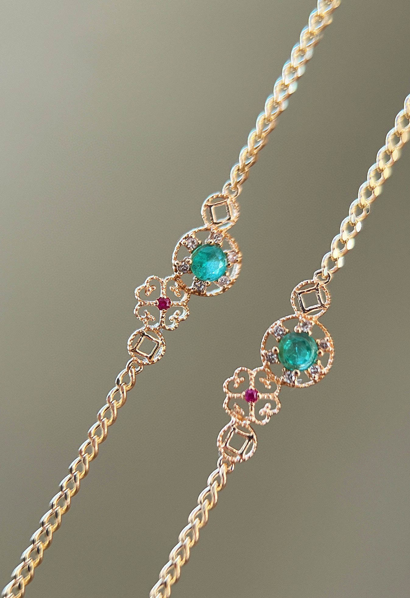 vArt Deco Gold Emerald Bracelet/Real Gold Emerald Ruby Bracelet