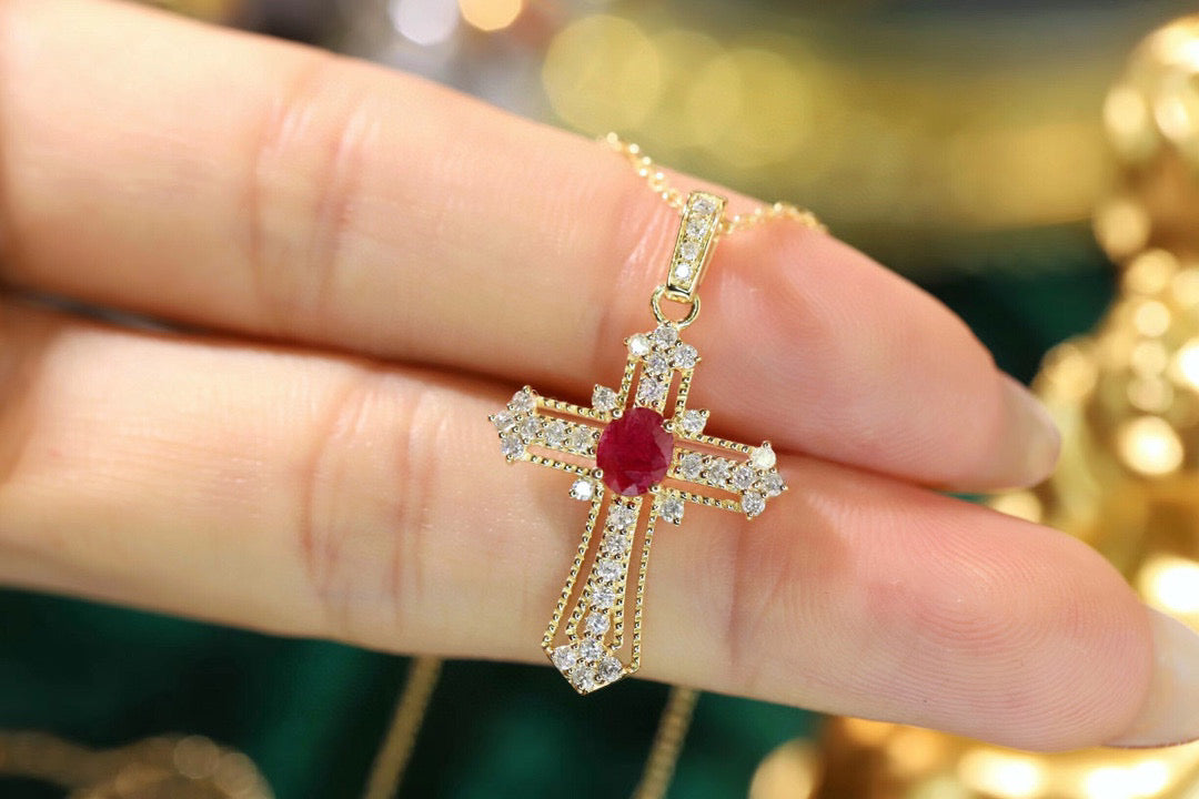 Art Deco Ruby Cross Pendant Necklace, 18K Solid Gold Ruby Diamond Cross necklace