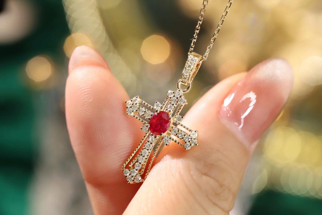 Art Deco Ruby Cross Pendant Necklace, 18K Solid Gold Ruby Diamond Cross necklace