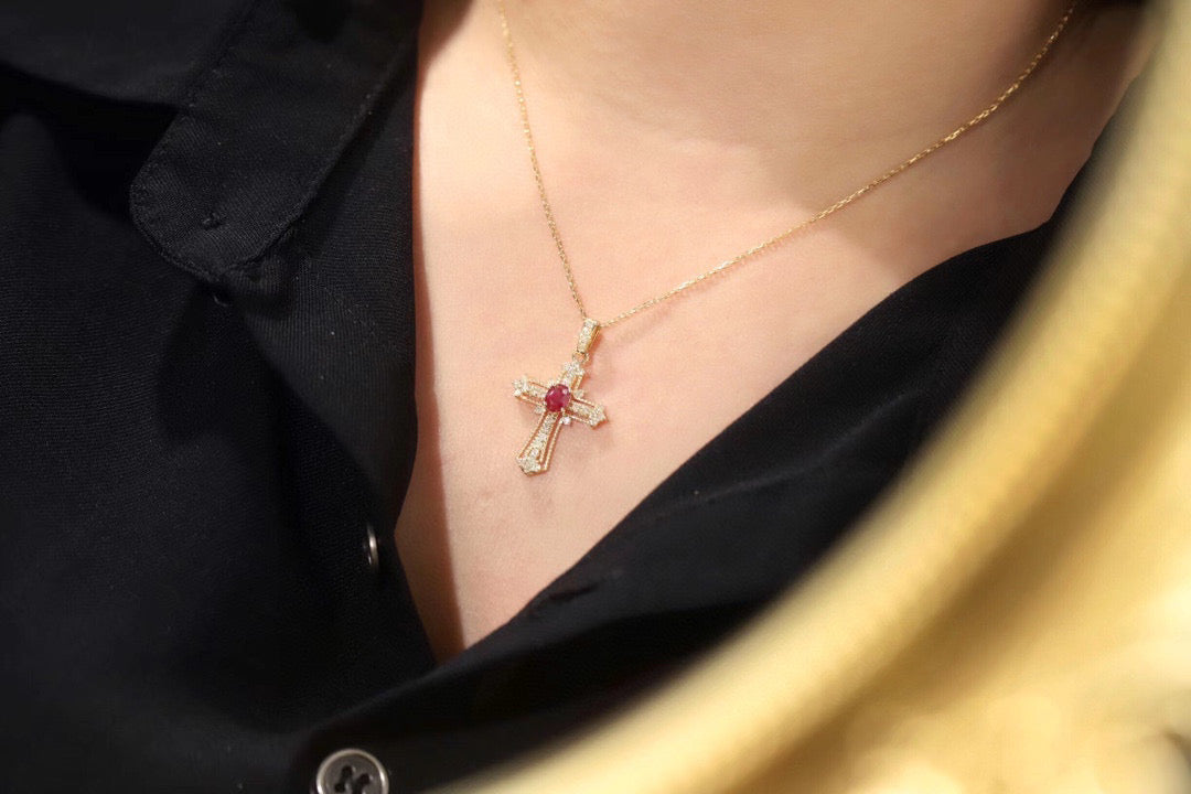 Art Deco Ruby Cross Pendant Necklace, 18K Solid Gold Ruby Diamond Cross necklace